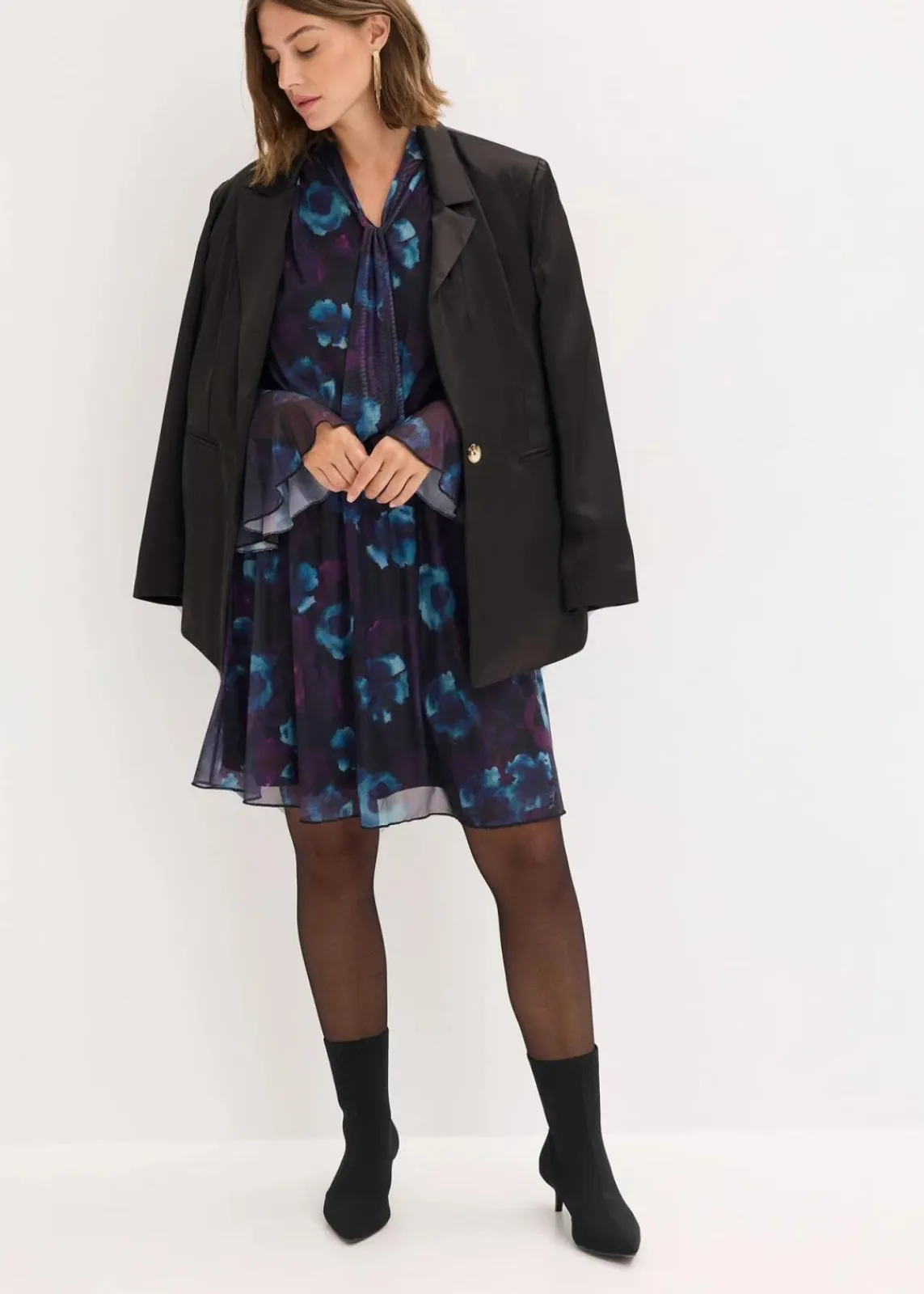 bonprix Bekleidung·Pullover & Strickjacken|Kleider^Kleid aus softem Mesh dunkellila/schwarz/petrol floral