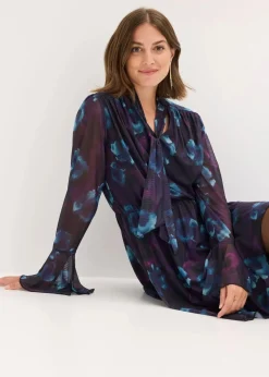 bonprix Bekleidung·Pullover & Strickjacken|Kleider^Kleid aus softem Mesh dunkellila/schwarz/petrol floral