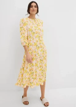 bonprix Bekleidung·Pullover & Strickjacken|Kleider^Kleid aus strukturiertem Crinkle weiß/tulpengelb/mattpistazie/helllachs/melba/limone/moosgrün floral