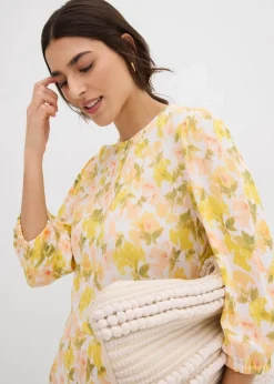 bonprix Bekleidung·Pullover & Strickjacken|Kleider^Kleid aus strukturiertem Crinkle weiß/tulpengelb/mattpistazie/helllachs/melba/limone/moosgrün floral