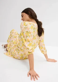 bonprix Bekleidung·Pullover & Strickjacken|Kleider^Kleid aus strukturiertem Crinkle weiß/tulpengelb/mattpistazie/helllachs/melba/limone/moosgrün floral