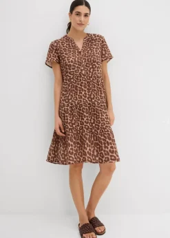 bonprix Kleider|Bekleidung·Pullover & Strickjacken^Kleid aus weichem Musselin braun/mittelbraun/maronenbraun/naturstein/mandelbeige leo bedruckt