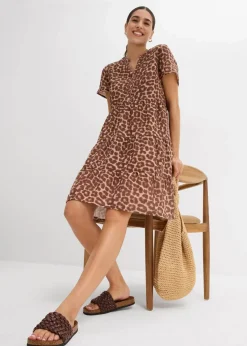 bonprix Kleider|Bekleidung·Pullover & Strickjacken^Kleid aus weichem Musselin braun/mittelbraun/maronenbraun/naturstein/mandelbeige leo bedruckt