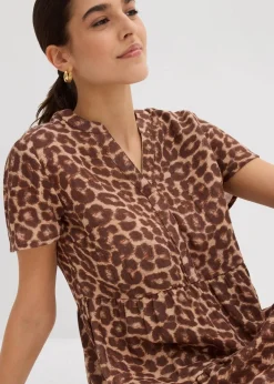 bonprix Kleider|Bekleidung·Pullover & Strickjacken^Kleid aus weichem Musselin braun/mittelbraun/maronenbraun/naturstein/mandelbeige leo bedruckt