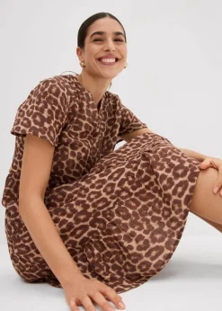 bonprix Kleider|Bekleidung·Pullover & Strickjacken^Kleid aus weichem Musselin braun/mittelbraun/maronenbraun/naturstein/mandelbeige leo bedruckt