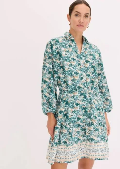 bonprix Bekleidung·Pullover & Strickjacken|Kleider^Kleid im Leinen-Look wollweiß/pfeffergrün bedruckt
