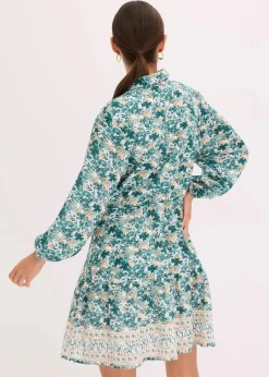 bonprix Bekleidung·Pullover & Strickjacken|Kleider^Kleid im Leinen-Look wollweiß/pfeffergrün bedruckt