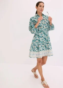 bonprix Bekleidung·Pullover & Strickjacken|Kleider^Kleid im Leinen-Look wollweiß/pfeffergrün bedruckt