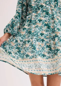 bonprix Bekleidung·Pullover & Strickjacken|Kleider^Kleid im Leinen-Look wollweiß/pfeffergrün bedruckt