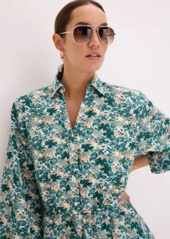 bonprix Bekleidung·Pullover & Strickjacken|Kleider^Kleid im Leinen-Look wollweiß/pfeffergrün bedruckt