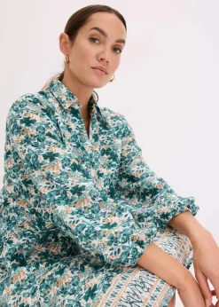 bonprix Bekleidung·Pullover & Strickjacken|Kleider^Kleid im Leinen-Look wollweiß/pfeffergrün bedruckt