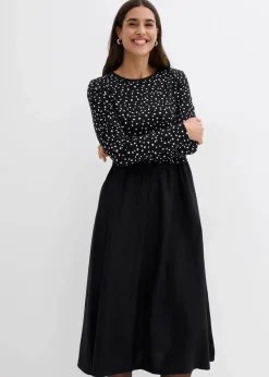 bonprix Bekleidung·Pullover & Strickjacken|Kleider^Kleid im Materialmix aus reiner Baumwolle schwarz/wollweiß