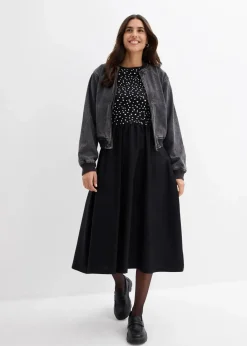 bonprix Bekleidung·Pullover & Strickjacken|Kleider^Kleid im Materialmix aus reiner Baumwolle schwarz/wollweiß