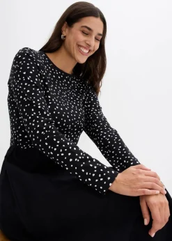 bonprix Bekleidung·Pullover & Strickjacken|Kleider^Kleid im Materialmix aus reiner Baumwolle schwarz/wollweiß