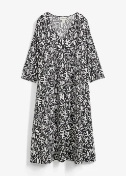 bonprix Kleider^Kleid in Midilänge aus fließender Viskose schwarz/wollweiß bedruckt