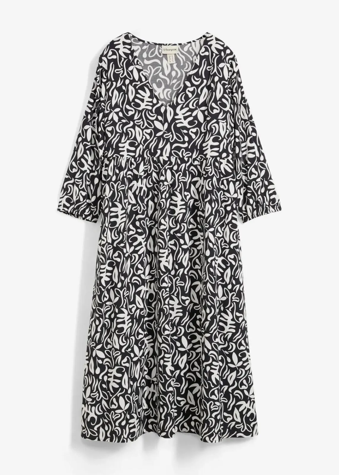 bonprix Kleider^Kleid in Midilänge aus fließender Viskose schwarz/wollweiß bedruckt