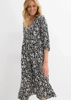 bonprix Kleider^Kleid in Midilänge aus fließender Viskose schwarz/wollweiß bedruckt