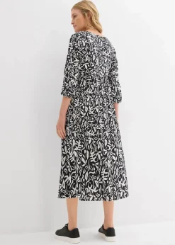 bonprix Kleider^Kleid in Midilänge aus fließender Viskose schwarz/wollweiß bedruckt