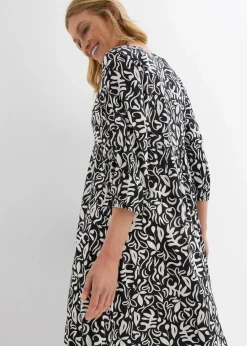 bonprix Kleider^Kleid in Midilänge aus fließender Viskose schwarz/wollweiß bedruckt