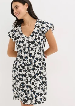 bonprix Kleider^Kleid mit Flügelärmeln aus strukturiertem Material wollweiß/schwarz bedruckt