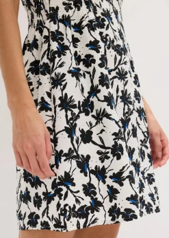 bonprix Kleider^Kleid mit Flügelärmeln aus strukturiertem Material wollweiß/schwarz bedruckt