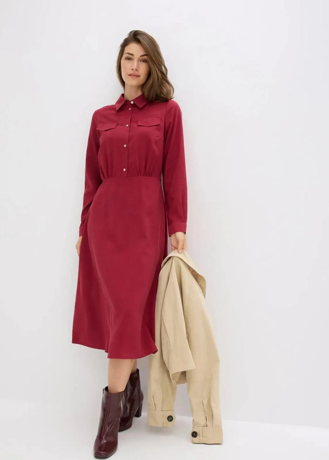 bonprix Kleider|Bekleidung·Pullover & Strickjacken^Kleid mit Hemdkragen pflaumenrot