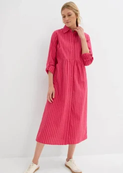 bonprix Kleider|Bekleidung·Pullover & Strickjacken^Kleid mit Hemdkragen aus reiner Baumwolle tomatenrot/granatapfel/dunkelpink gestreift
