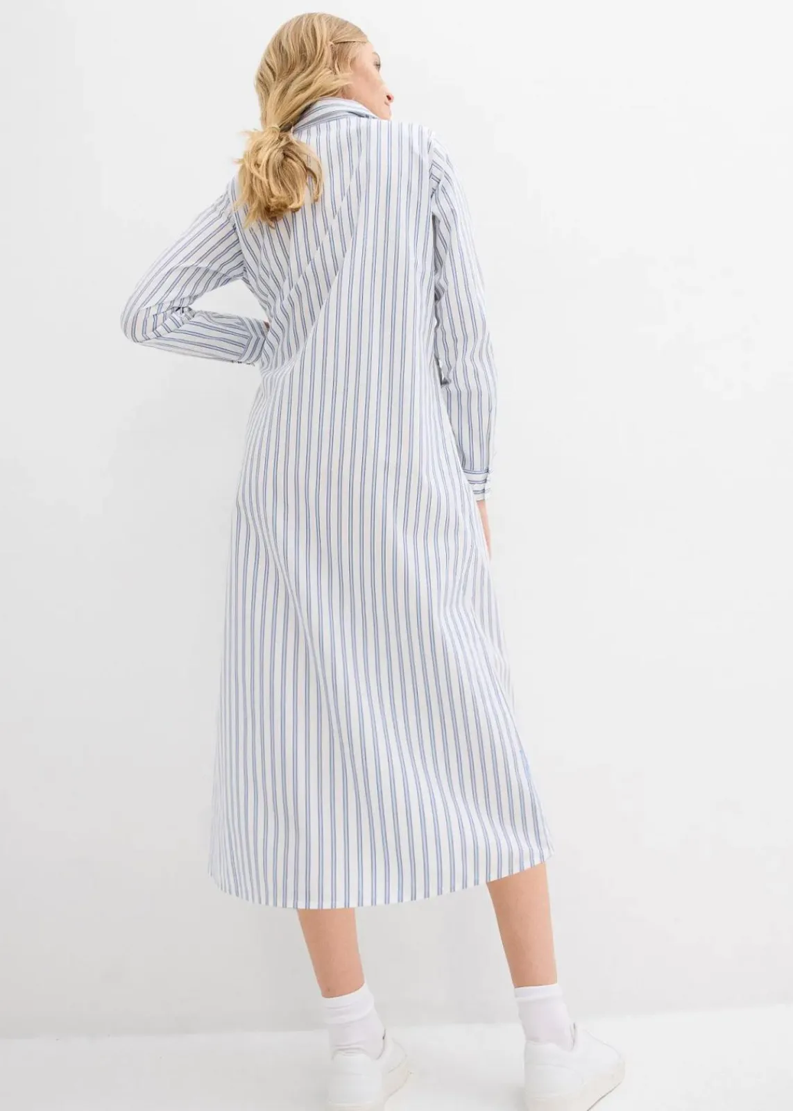 bonprix Bekleidung·Pullover & Strickjacken|Kleider^Kleid mit Hemdkragen aus reiner Baumwolle perlblau/dunkelblau/weiß gestreift
