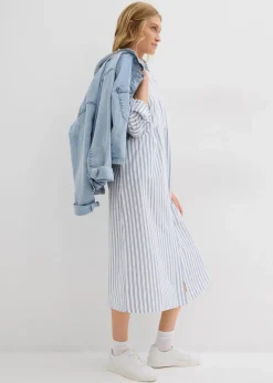 bonprix Bekleidung·Pullover & Strickjacken|Kleider^Kleid mit Hemdkragen aus reiner Baumwolle perlblau/dunkelblau/weiß gestreift
