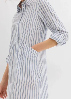 bonprix Bekleidung·Pullover & Strickjacken|Kleider^Kleid mit Hemdkragen aus reiner Baumwolle perlblau/dunkelblau/weiß gestreift