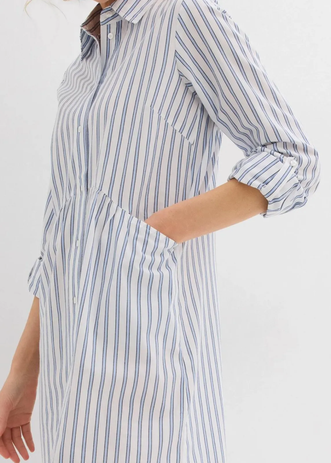 bonprix Bekleidung·Pullover & Strickjacken|Kleider^Kleid mit Hemdkragen aus reiner Baumwolle perlblau/dunkelblau/weiß gestreift