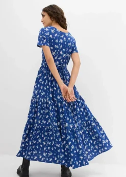 bonprix Kleider|Bekleidung·Pullover & Strickjacken^Kleid mit kurzen Ärmeln enzianblau/topazblau/hellblau geblümt