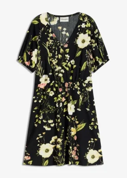 bonprix Bekleidung·Pullover & Strickjacken|Kleider^Kleid mit Puffärmeln schwarz floral