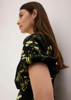 bonprix Bekleidung·Pullover & Strickjacken|Kleider^Kleid mit Puffärmeln schwarz floral