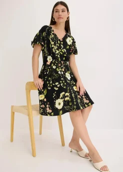 bonprix Bekleidung·Pullover & Strickjacken|Kleider^Kleid mit Puffärmeln schwarz floral