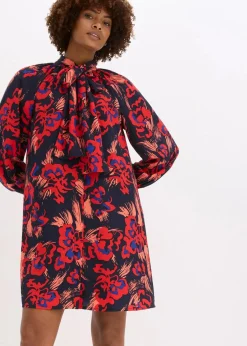 bonprix Bekleidung·Pullover & Strickjacken|Kleider^Kleid mit Schluppenkragen dunkelblau/rot floral
