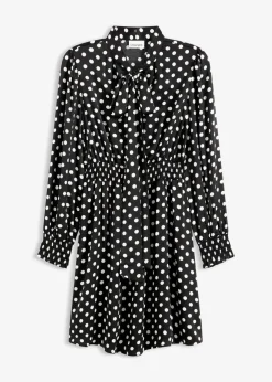 bonprix Bekleidung·Pullover & Strickjacken|Kleider^Kleid mit Schluppenkragen aus fließendem Satin schwarz/wollweiß gepunktet