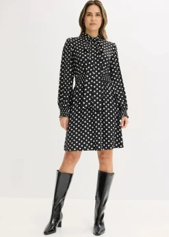 bonprix Bekleidung·Pullover & Strickjacken|Kleider^Kleid mit Schluppenkragen aus fließendem Satin schwarz/wollweiß gepunktet