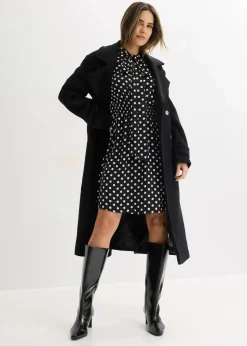 bonprix Bekleidung·Pullover & Strickjacken|Kleider^Kleid mit Schluppenkragen aus fließendem Satin schwarz/wollweiß gepunktet