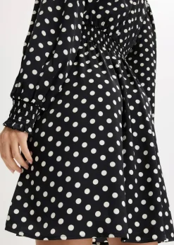 bonprix Bekleidung·Pullover & Strickjacken|Kleider^Kleid mit Schluppenkragen aus fließendem Satin schwarz/wollweiß gepunktet