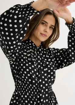 bonprix Bekleidung·Pullover & Strickjacken|Kleider^Kleid mit Schluppenkragen aus fließendem Satin schwarz/wollweiß gepunktet
