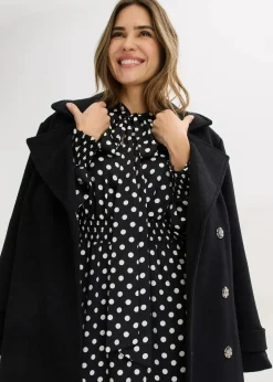 bonprix Bekleidung·Pullover & Strickjacken|Kleider^Kleid mit Schluppenkragen aus fließendem Satin schwarz/wollweiß gepunktet