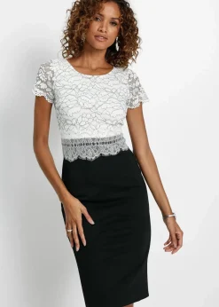 bonprix Kleider^Kleid mit Spitze schwarz/wollweiß