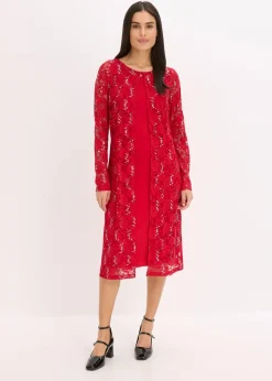 bonprix Kleider|Bekleidung·Pullover & Strickjacken^Kleid mit Spitze (2-tlg. Set) dunkelrot