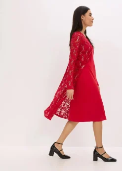bonprix Kleider|Bekleidung·Pullover & Strickjacken^Kleid mit Spitze (2-tlg. Set) dunkelrot