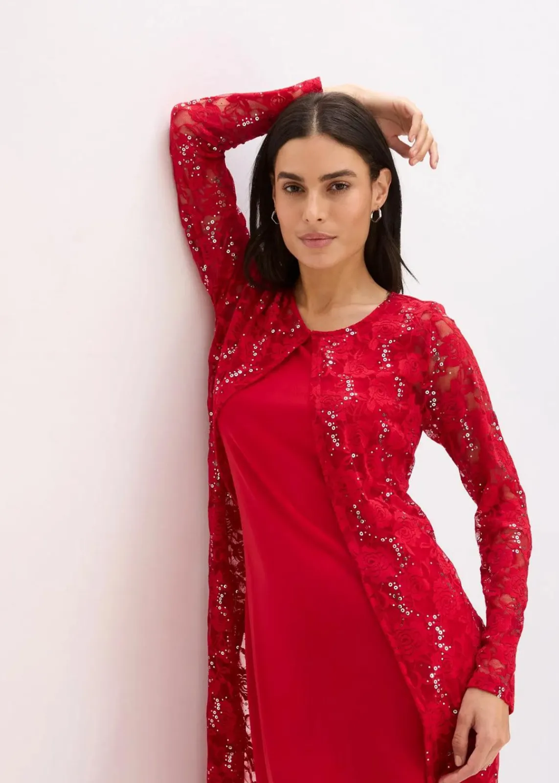 bonprix Kleider|Bekleidung·Pullover & Strickjacken^Kleid mit Spitze (2-tlg. Set) dunkelrot