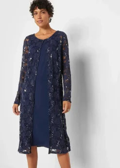 bonprix Bekleidung·Pullover & Strickjacken|Kleider^Kleid mit Spitze (2-tlg. Set) dunkelblau
