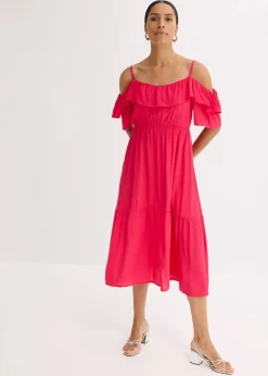 bonprix Bekleidung·Pullover & Strickjacken|Kleider^Kleid mit Volants aus strukturierter Viskose magentapink
