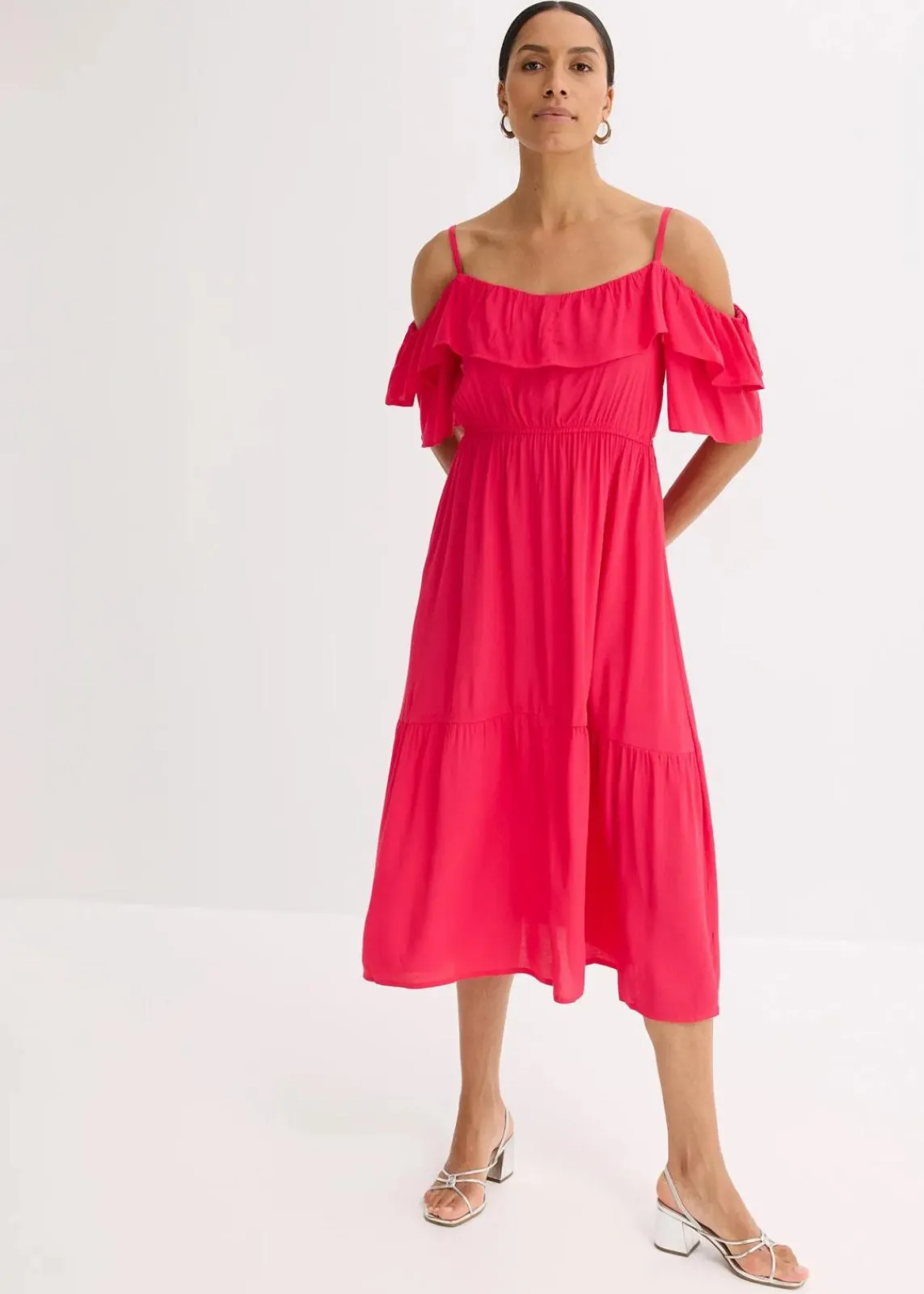 bonprix Bekleidung·Pullover & Strickjacken|Kleider^Kleid mit Volants aus strukturierter Viskose magentapink