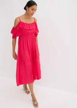 bonprix Bekleidung·Pullover & Strickjacken|Kleider^Kleid mit Volants aus strukturierter Viskose magentapink